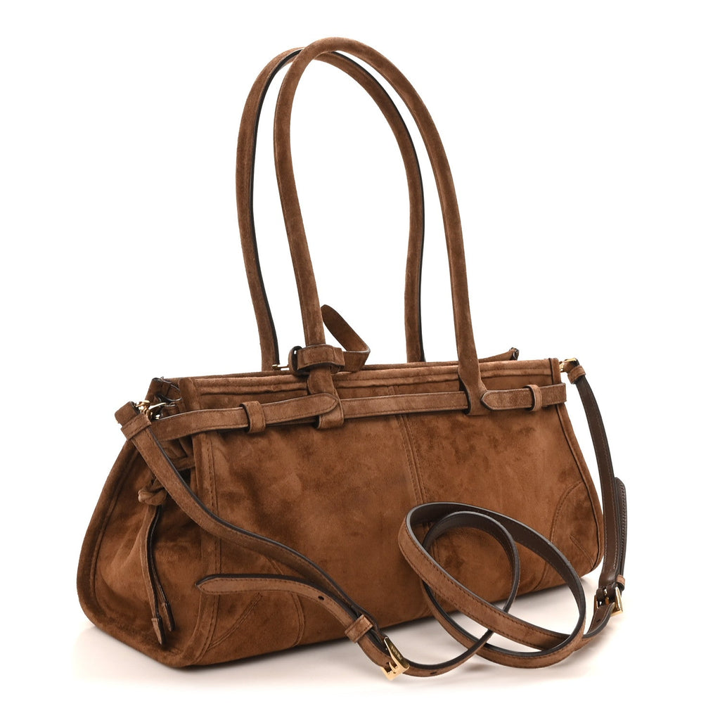 Prada Suede Triangle Medium Bonnie Shoulder Bag Cacao