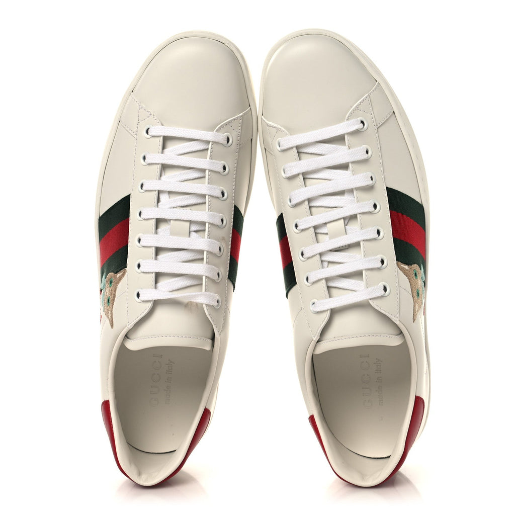 Gucci Calfskin Cat Embroidered Mens Ace Sneakers 12 White Green