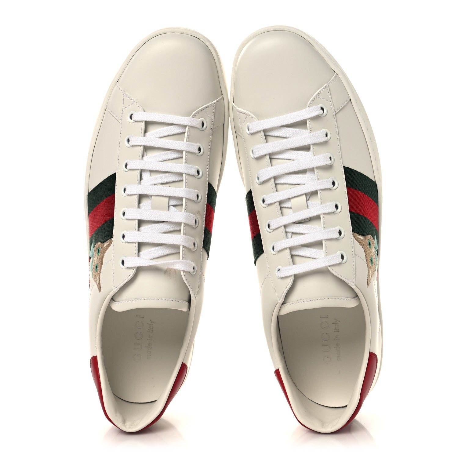 Gucci Calfskin Cat Embroidered Mens Ace Sneakers 12 White Green