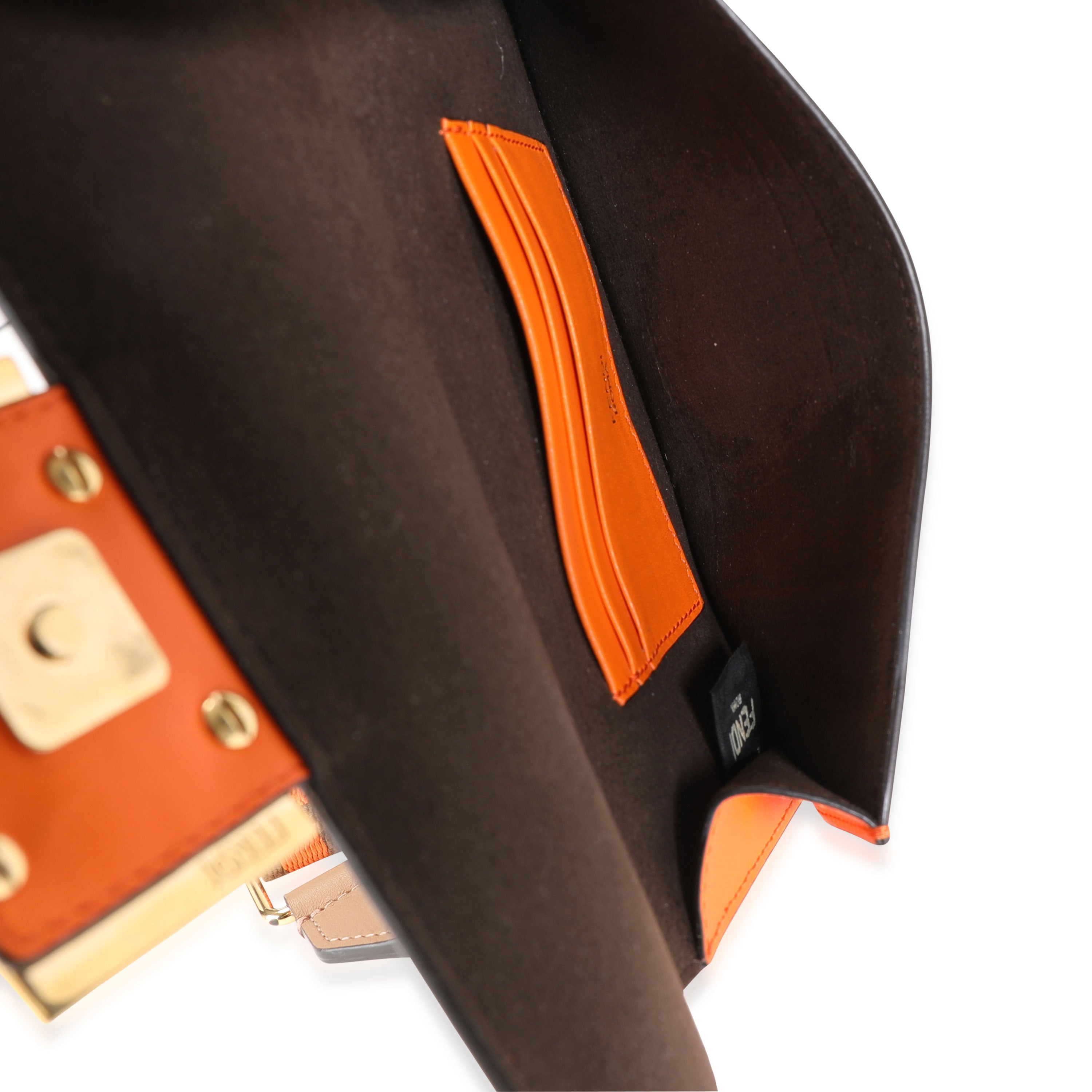 FENDI Orange Calfskin Mini Flat Baguette with Brown 'Strap You' Strap