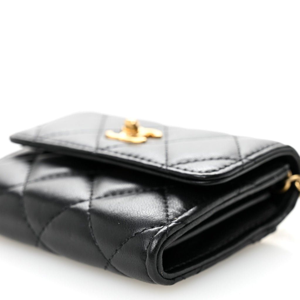 Chanel Lambskin Quilted Pearl Crush Card Holder With Chain Black