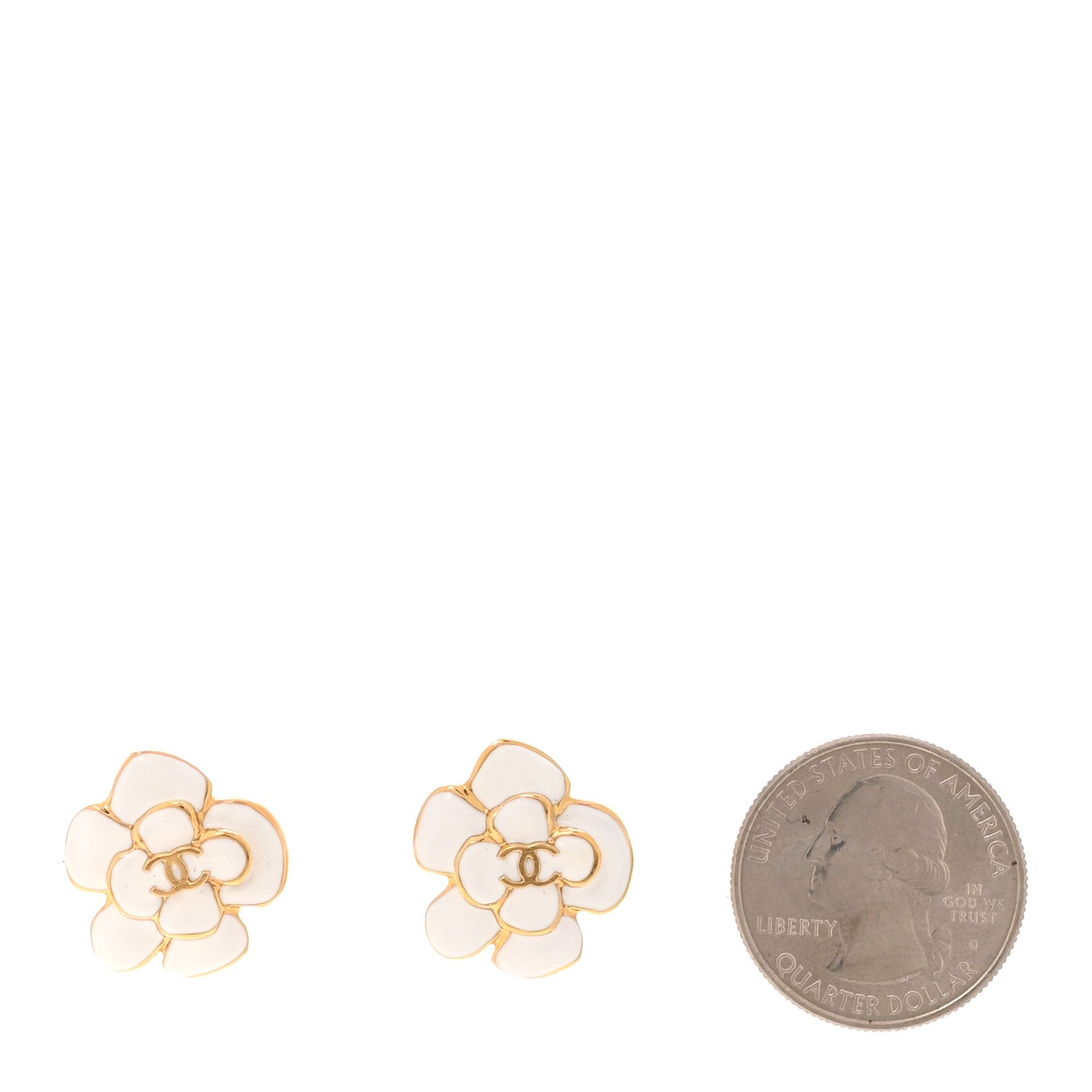 Metal Resin CC Camellia Stud Earrings Gold White