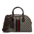 Gucci GG Supreme Monogram Textured Dollar Calfskin Web Medium Savoy Bowling Bag Beige Ebony New Acero
