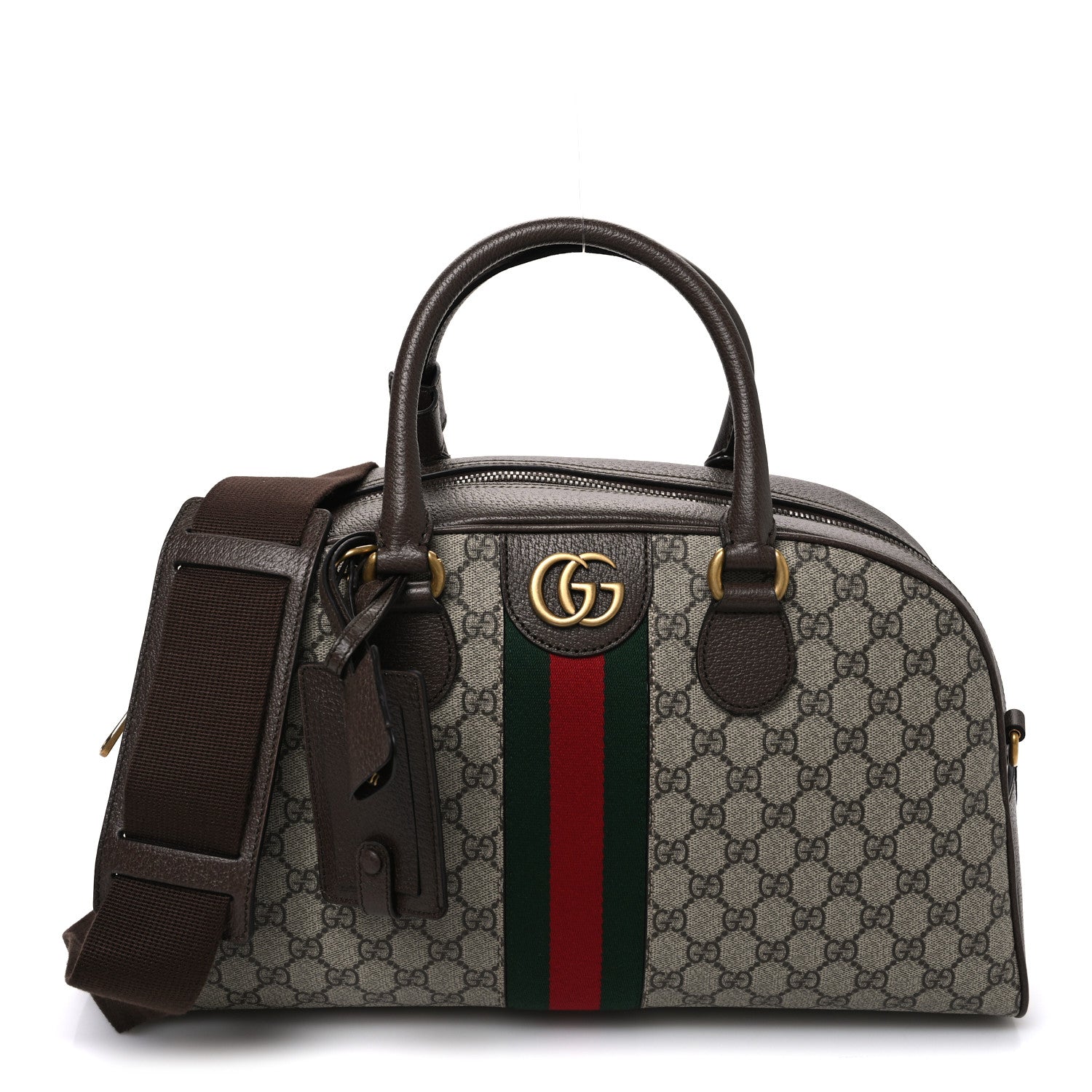 Gucci GG Supreme Monogram Textured Dollar Calfskin Web Medium Savoy Bowling Bag Beige Ebony New Acero