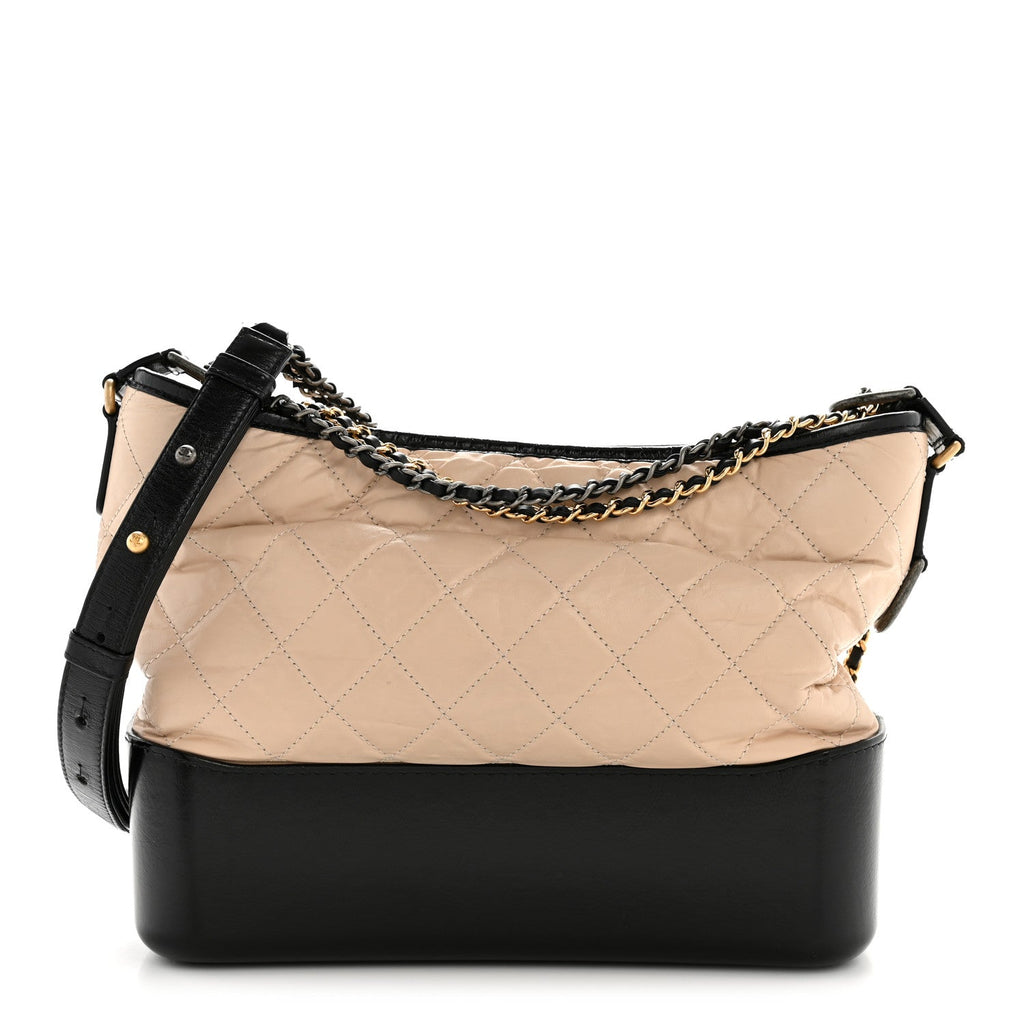 Chanel Aged Calfskin Quilted Medium Gabrielle Hobo Beige Black