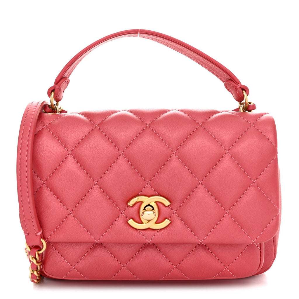 Chanel Metallic Calfskin Quilted Top Handle Flap Dark Pink