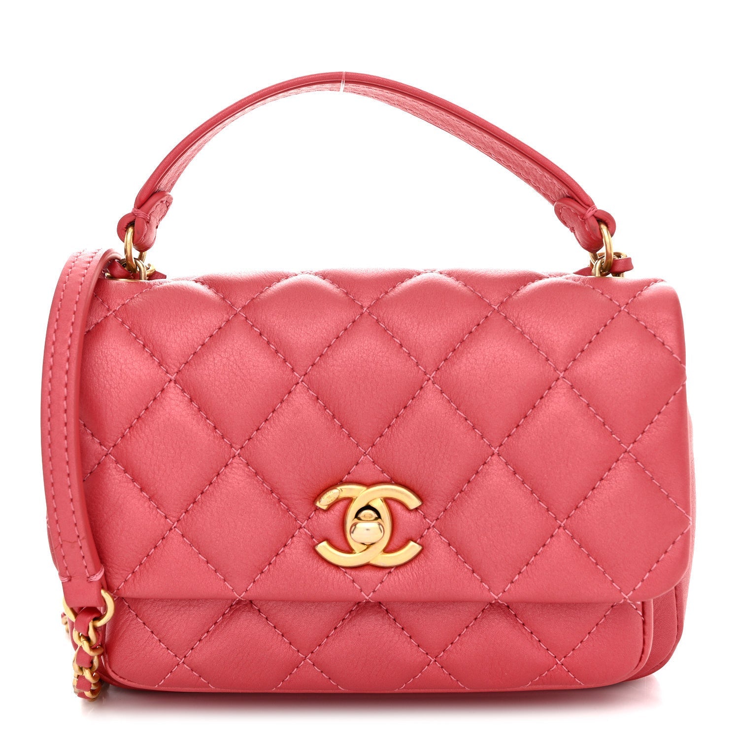 Chanel Metallic Calfskin Quilted Top Handle Flap Dark Pink