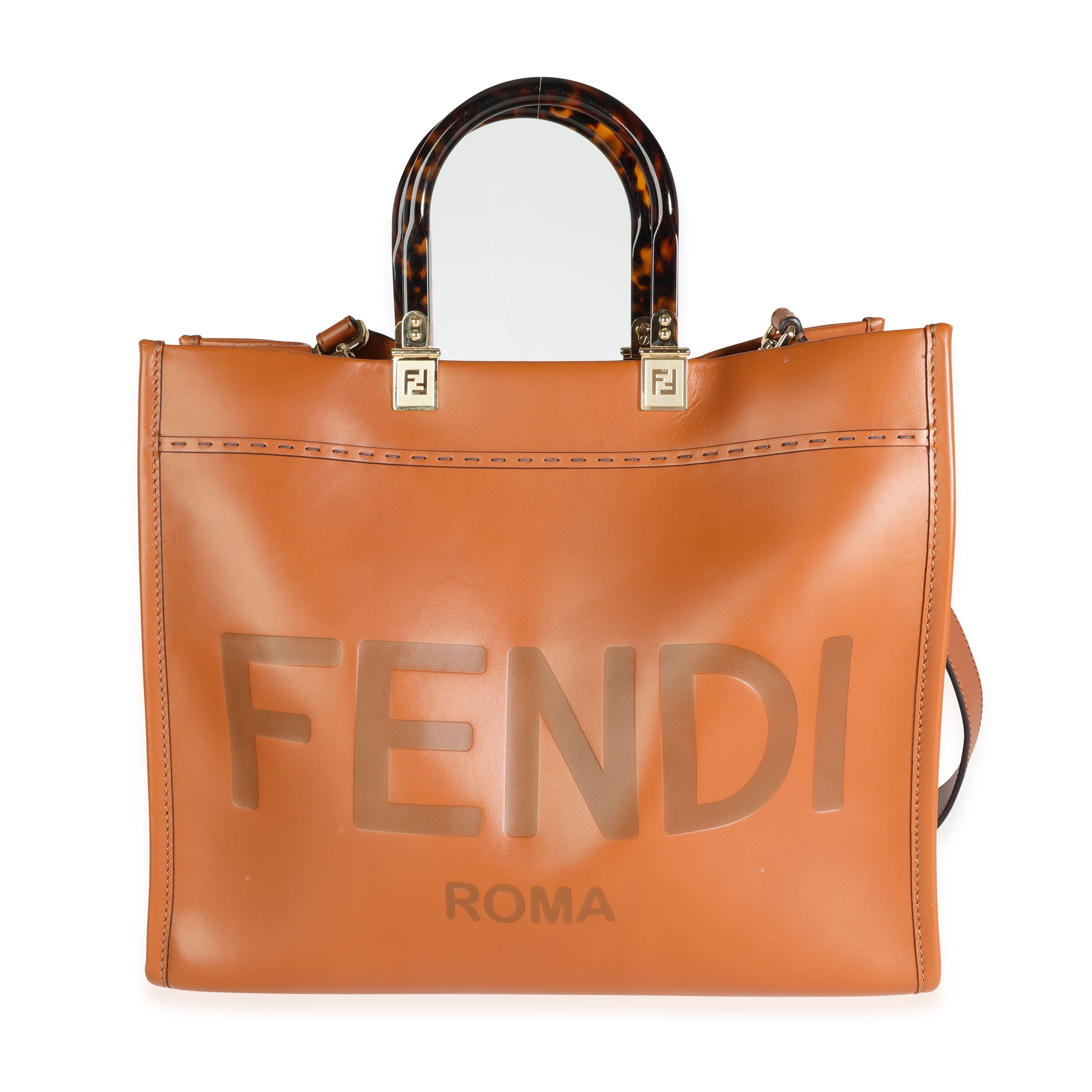 FENDI Brown Debossed Leather & Tortoiseshell Plexiglass Medium Sunshine Shopper