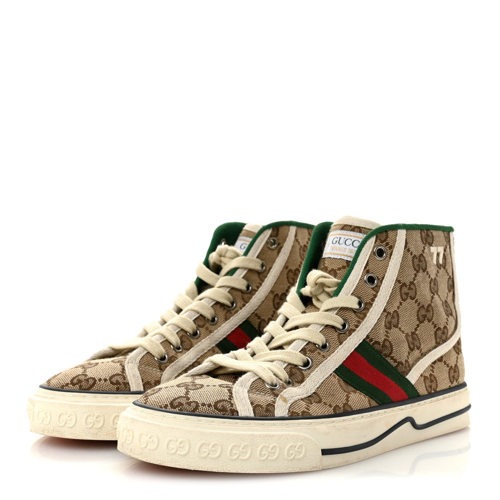 Gucci GG Monogram Web Womens 1977 Tennis High Top Sneakers 37 Beige Ebony Mystic White