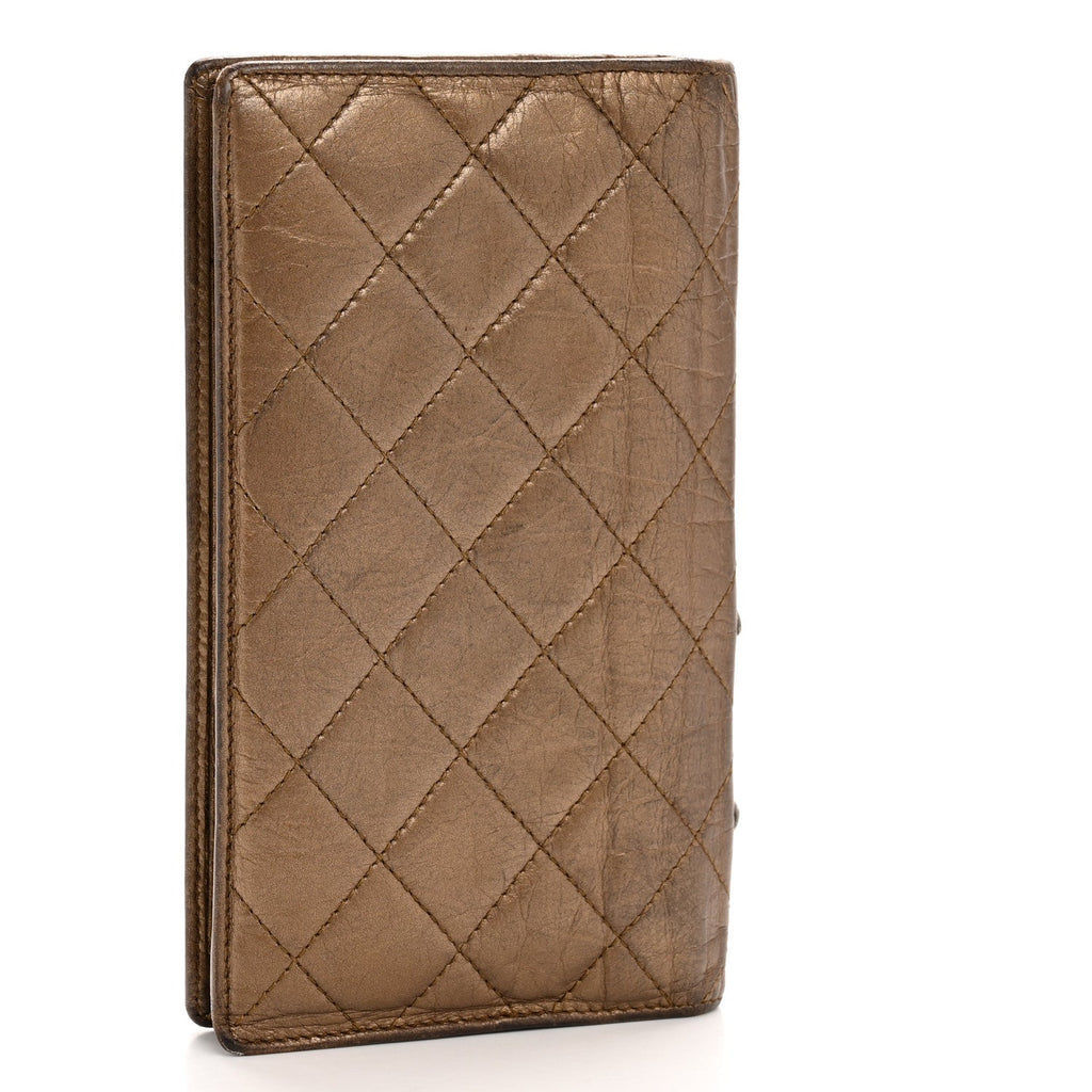 Metallic Aged Calfskin Quilted Cambon Yen Wallet Gold