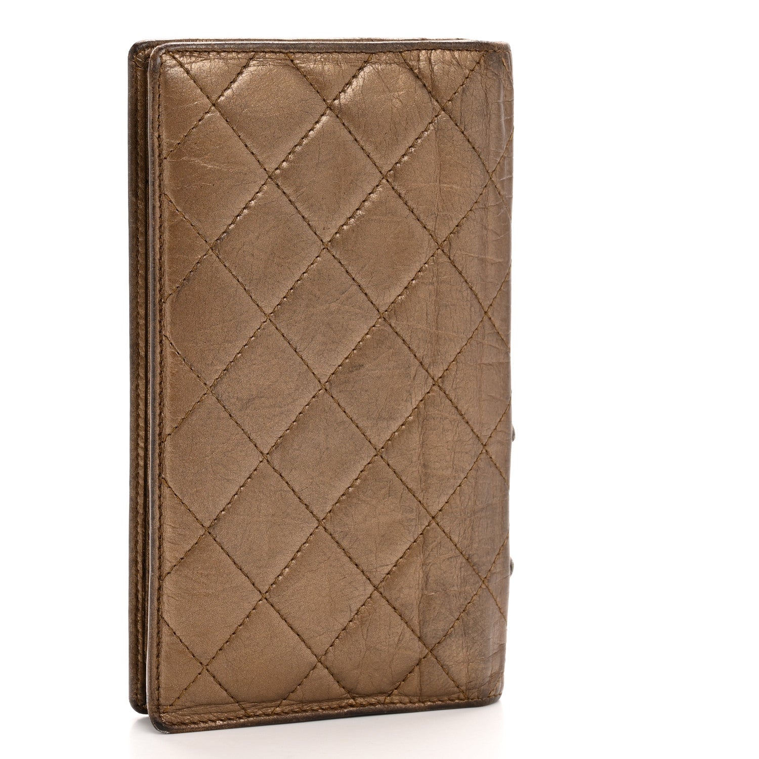 Metallic Aged Calfskin Quilted Cambon Yen Wallet Gold