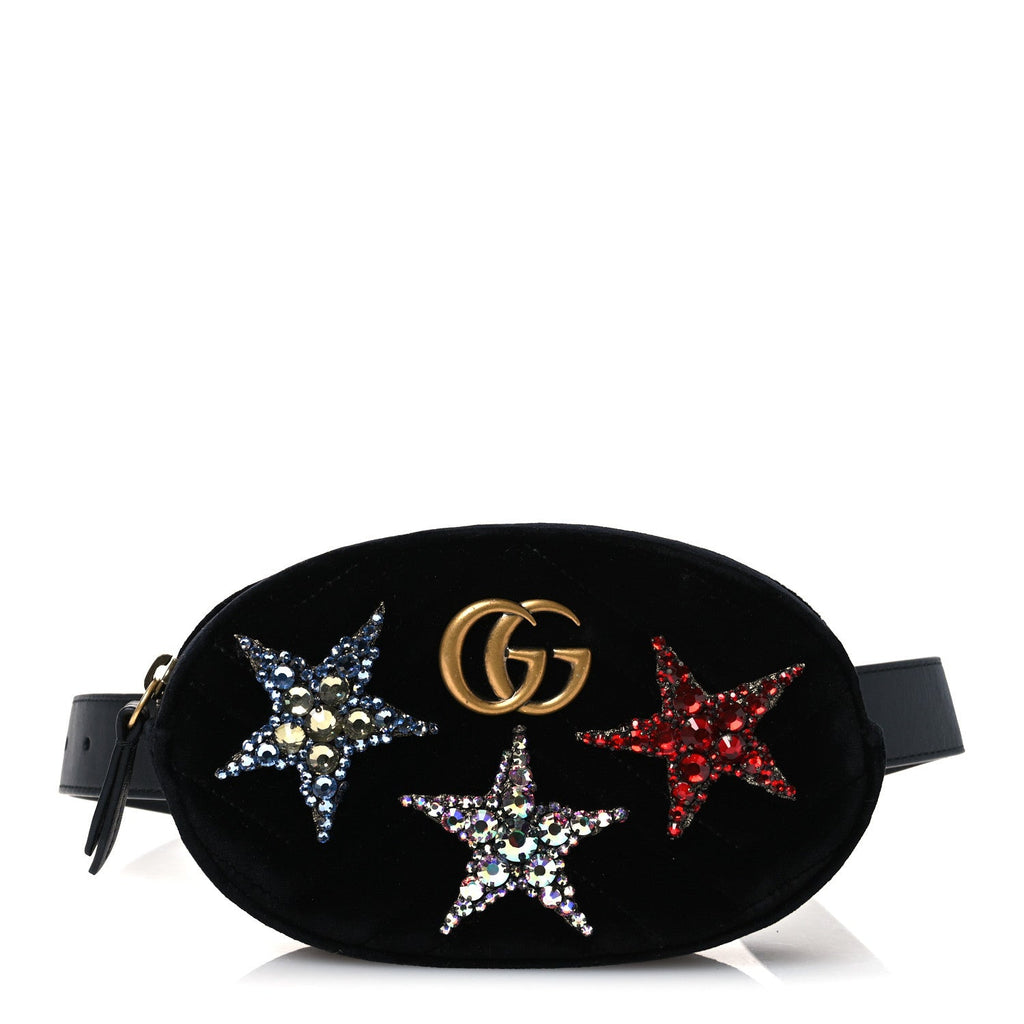 Gucci Velvet Matelasse Crystal Star GG Marmont Belt Bag 75 30 Black