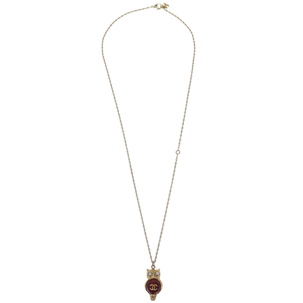 Chanel Chain Pendant Necklace Gripoix Costume Pearl Owl Gold A18C