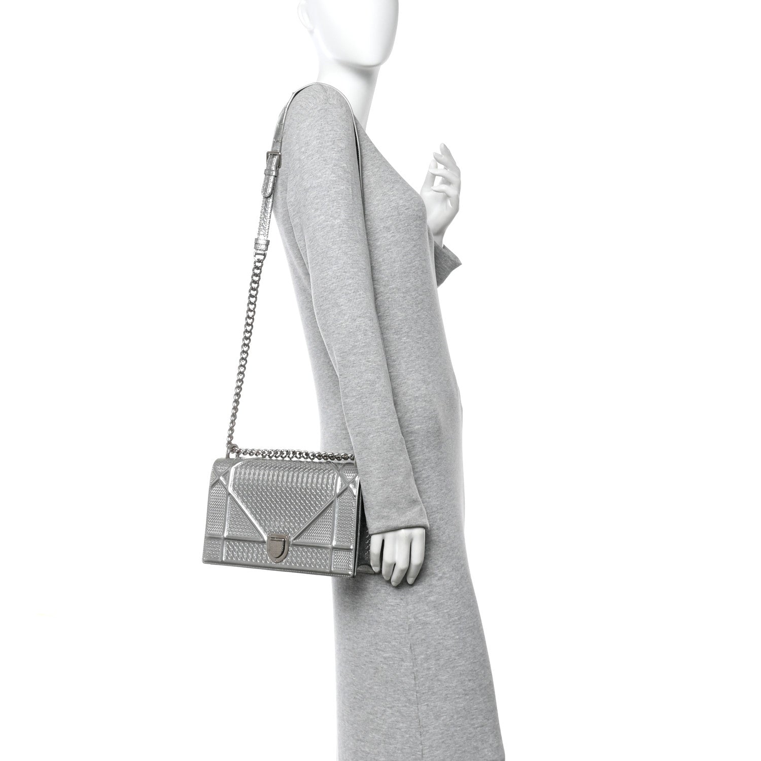 Christian Dior Metallic Patent Micro-Cannage Medium Diorama Flap Bag Silver