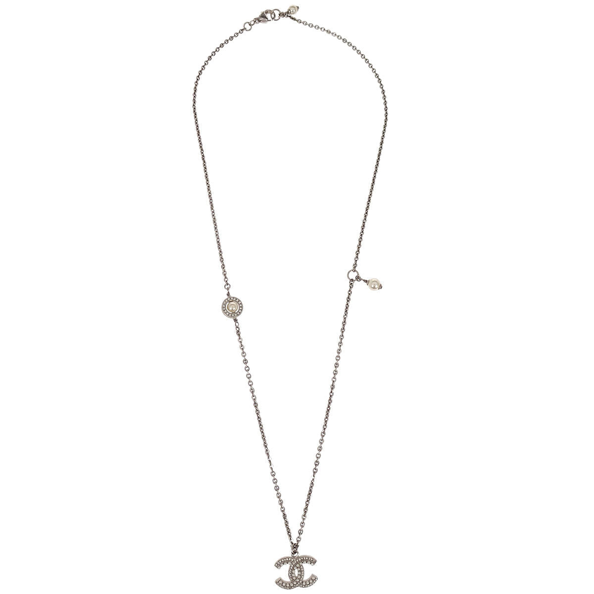 Chanel CC Chain Necklace Pendant Silver Costume Pearl Rhinestone F19K