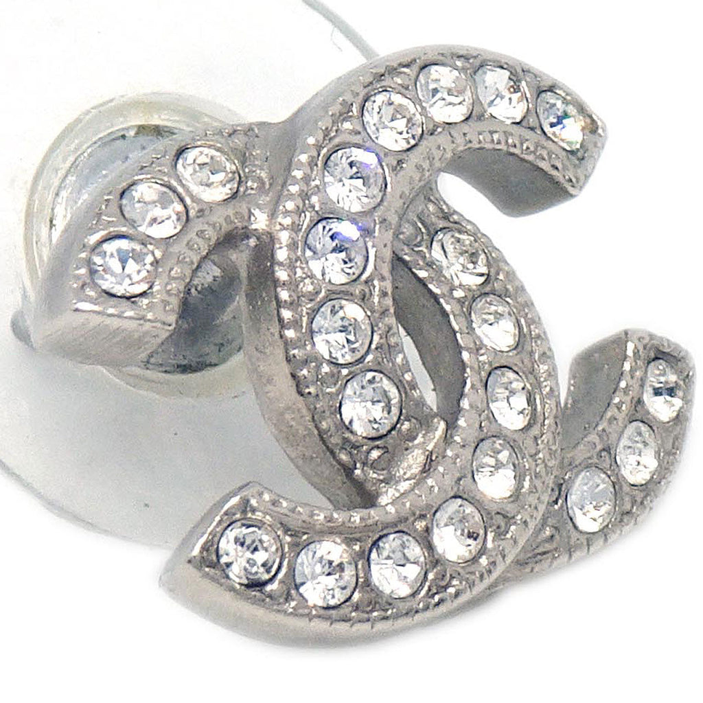 Chanel CC Pierced Earrings Silver Rhinestone F19V