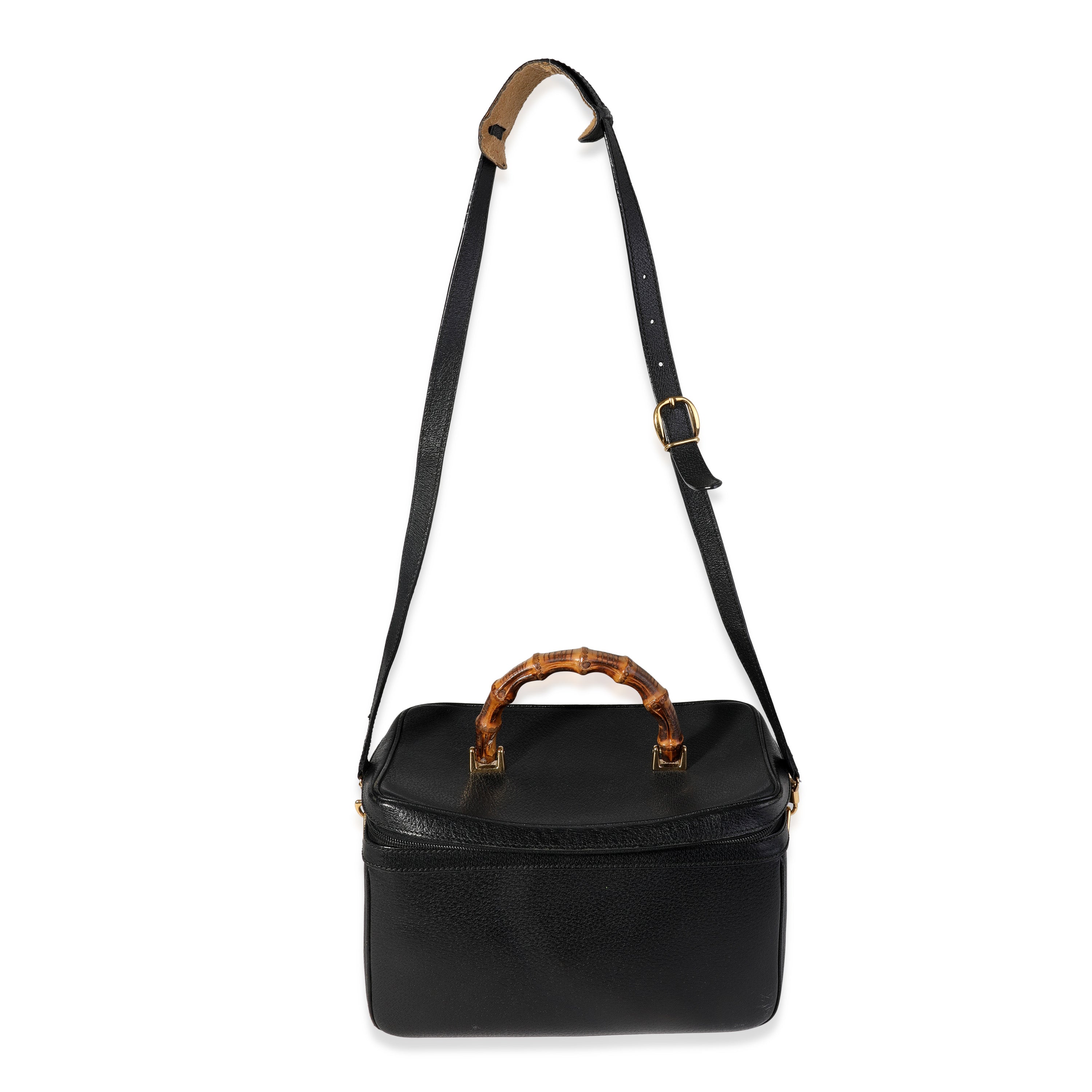 Gucci Vintage Black Textured Leather Bamboo Handle Vanity Bag
