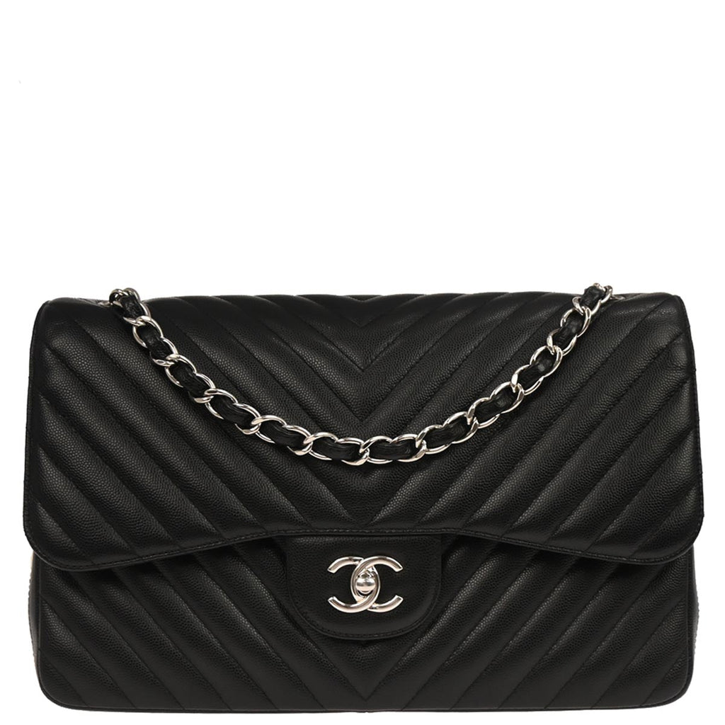 Chanel 2016-2017 Black Caviar Skin Chevron Jumbo Classic Double Flap Shoulder Bag