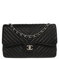 Chanel 2016-2017 Black Caviar Skin Chevron Jumbo Classic Double Flap Shoulder Bag