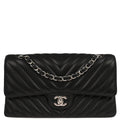 Chanel 2017-2018 Black Lambskin Chevron Medium Classic Double Flap Shoulder Bag