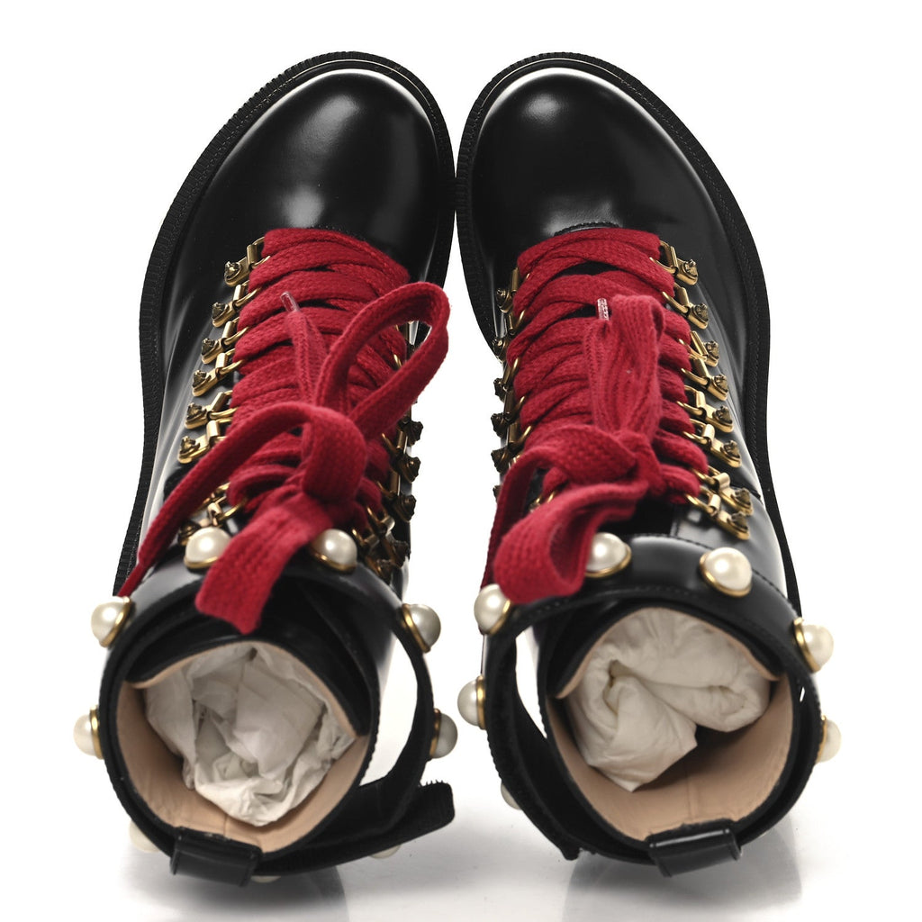 Gucci Magnum Calfskin Pearl Lace Up Combat Ankle Boots 36.5 Black