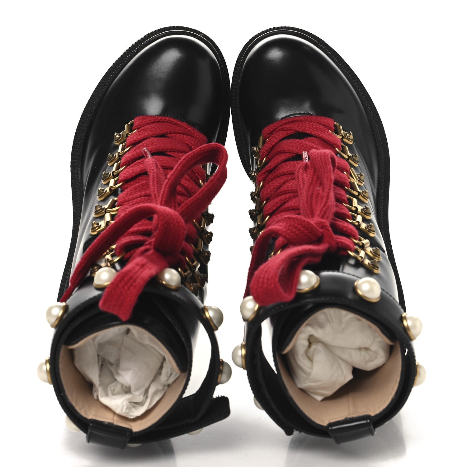 Gucci Magnum Calfskin Pearl Lace Up Combat Ankle Boots 36.5 Black