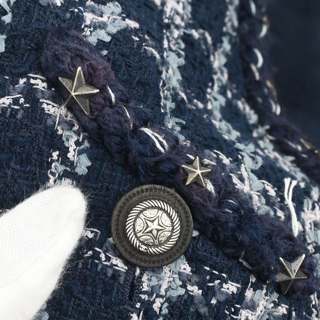 Chanel 2014-2015 Single Breasted Collarless Tweed Jacket Navy #34