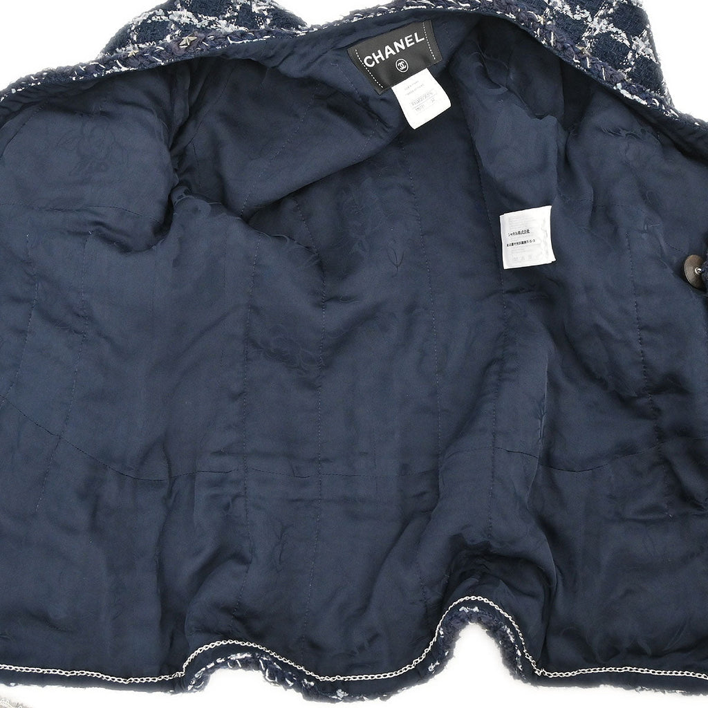 Chanel 2014-2015 Single Breasted Collarless Tweed Jacket Navy #34