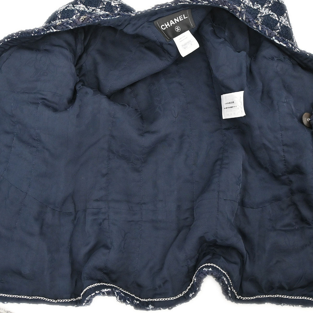 Chanel 2014-2015 Single Breasted Collarless Tweed Jacket Navy #34
