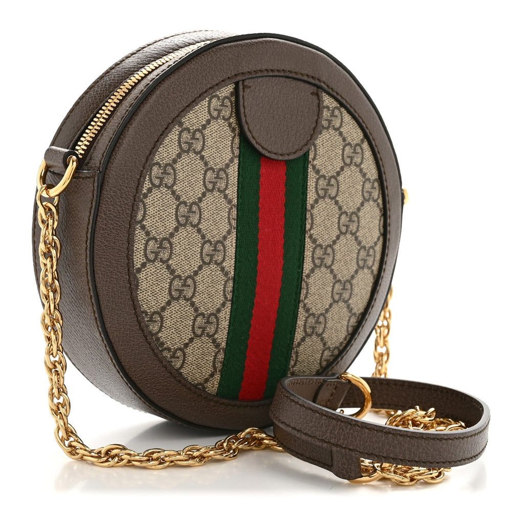 Gucci GG Supreme Monogram Web Mini Ophidia Round Shoulder Bag Brown