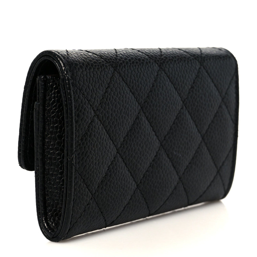 Caviar Quilted Flap Card Holder Wallet Black