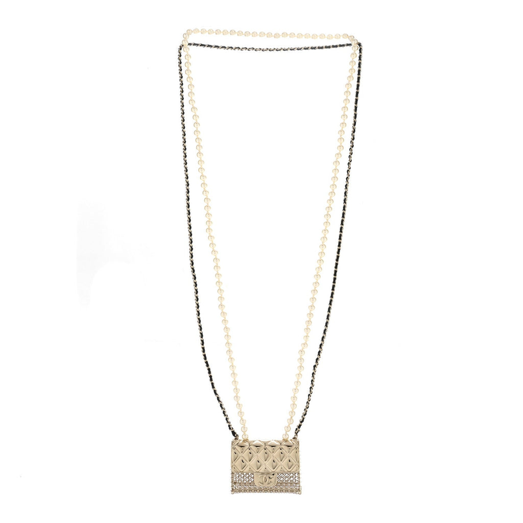 Metal Lambskin Pearl Chain Flap Bag Long Necklace Gold Black Pearly White