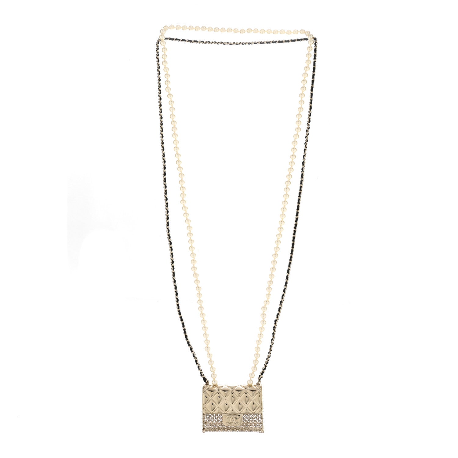 Metal Lambskin Pearl Chain Flap Bag Long Necklace Gold Black Pearly White