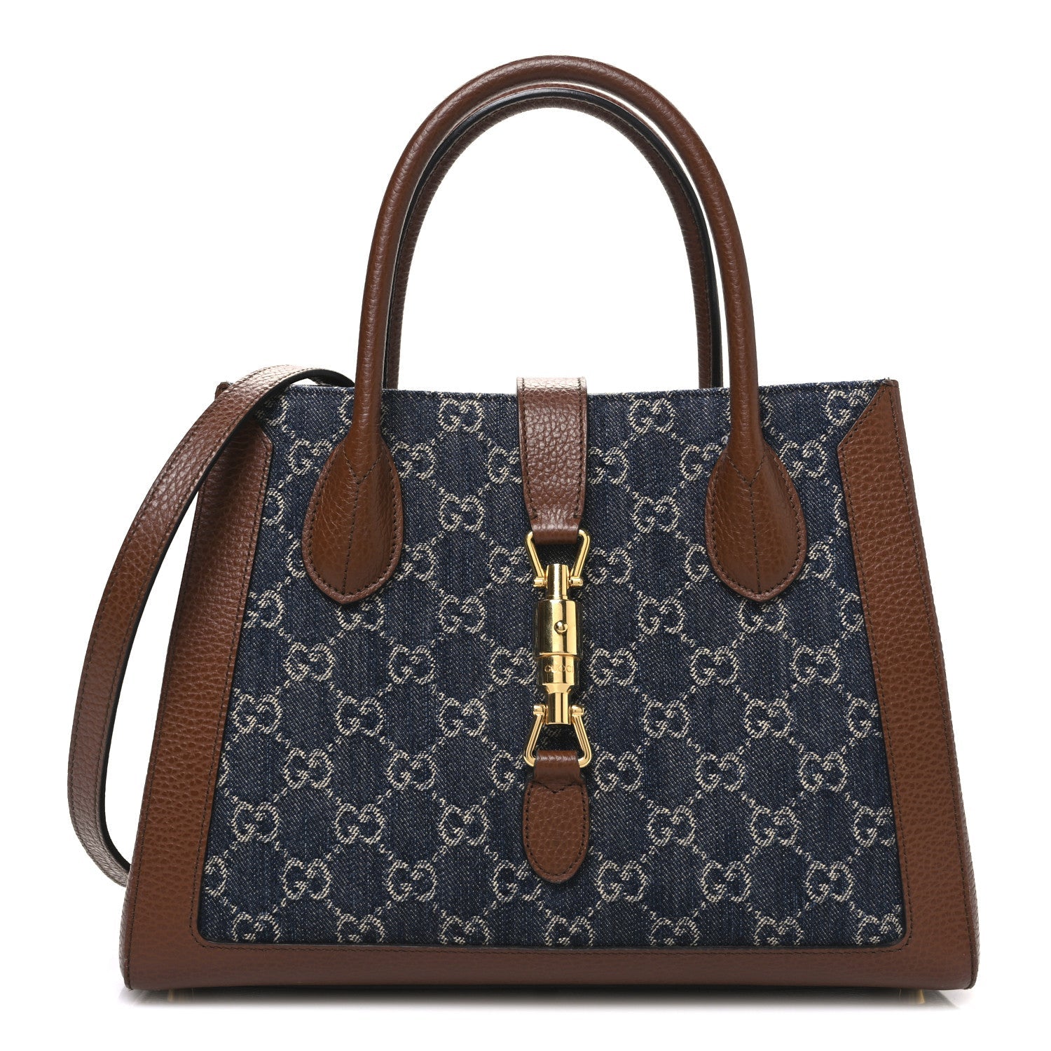 Gucci New Denim GG Monogram Dollar Calfskin Medium Jackie 1961 Tote Blue Tea Cuir Epilog