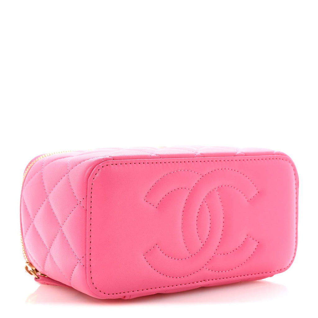 Chanel Lambskin Enamel Quilted Small Coco Hearts Vanity Case With Chain Pink