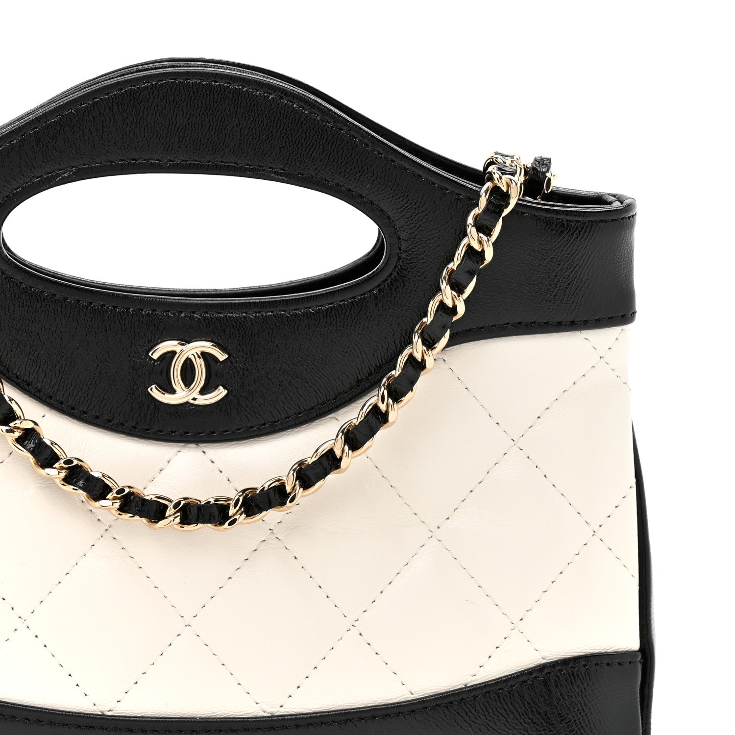 Chanel Shiny Crumpled Calfskin Quilted Nano 31 Shopping Bag White Black