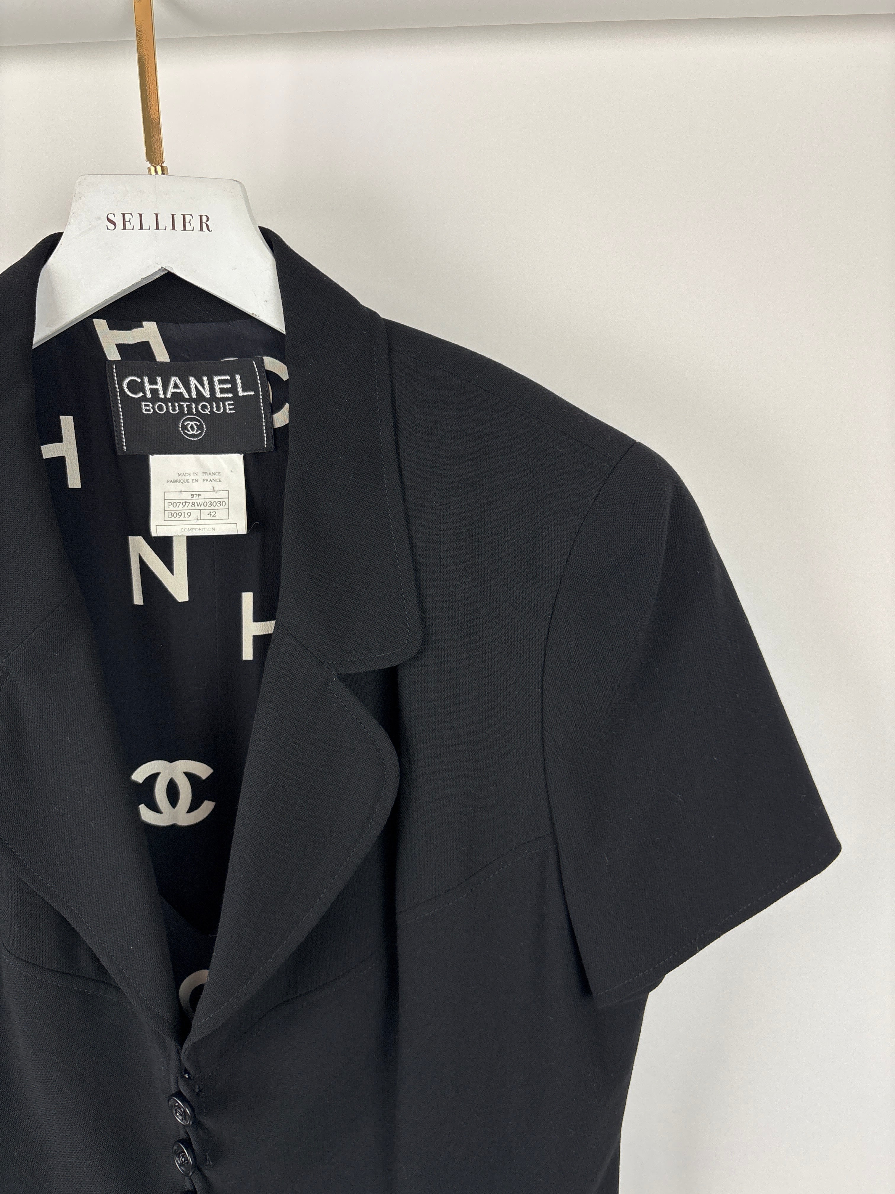 Chanel Vintage Runway 97/S Black, White CC Logo Slip Dress and Jacket Set with CC Chanel Button Size FR 42 (UK 14)