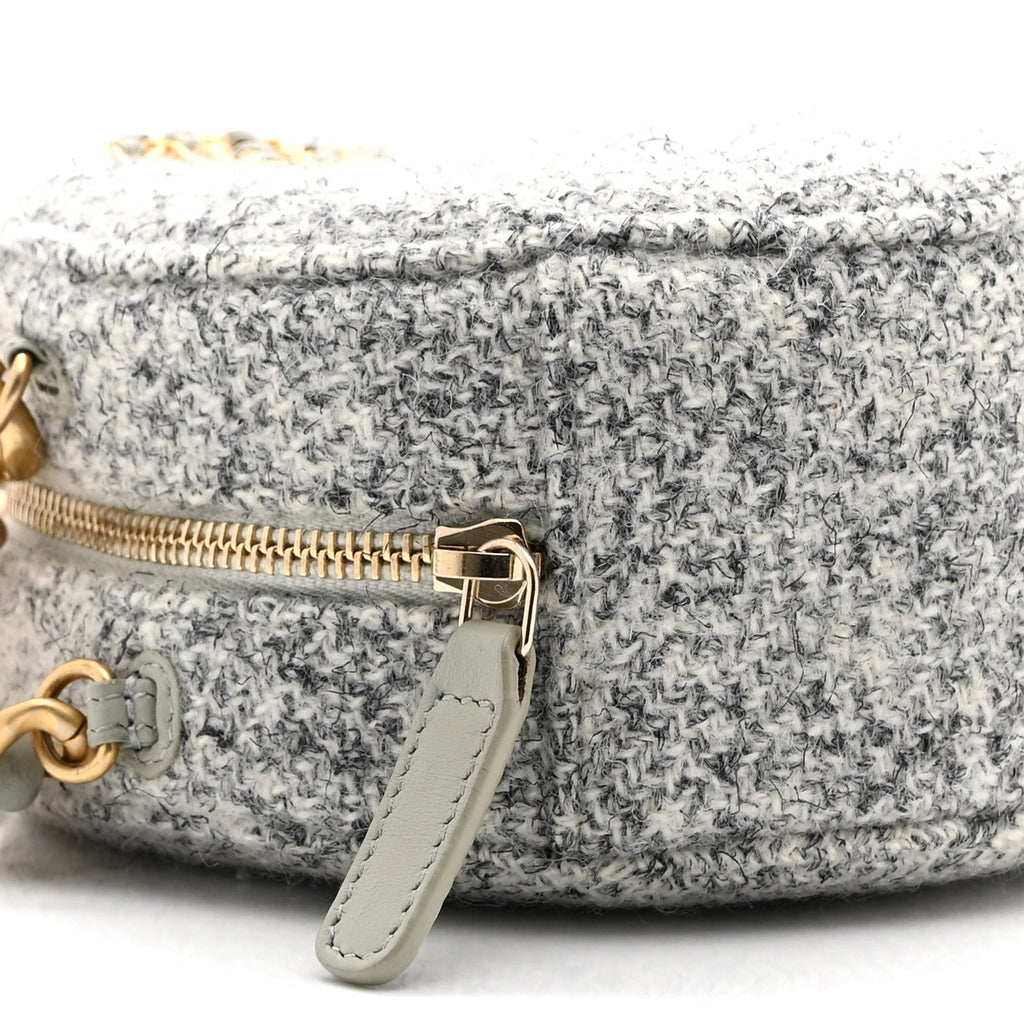 Chanel Wool Tweed Lambskin Quilted Chanel 19 Round Clutch With Chain Grey Ecru