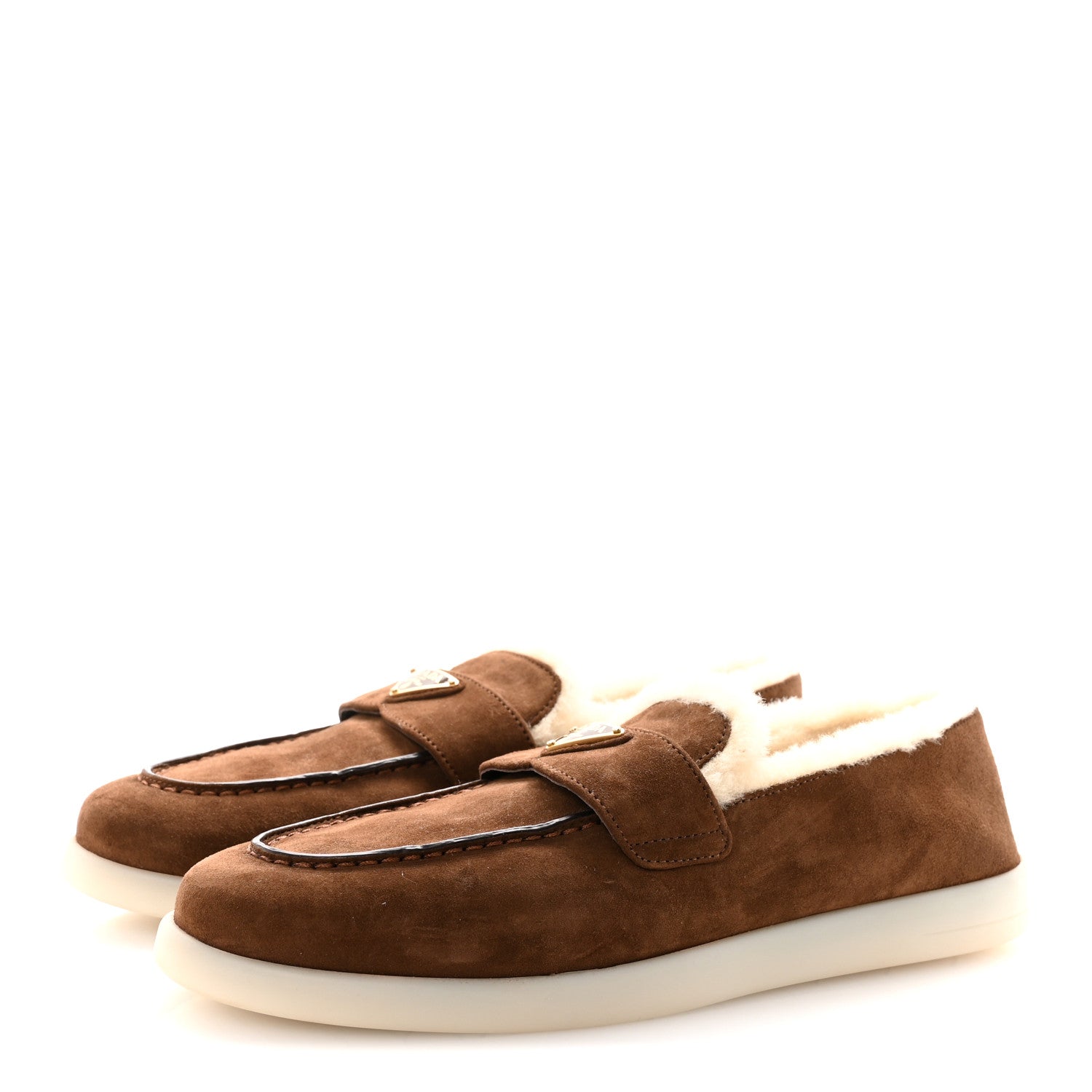 Prada Suede Shearling Triangle Logo Loafer 38.5 Cocoa Brown