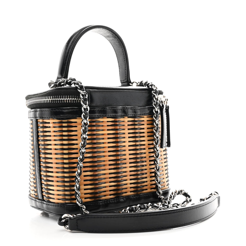 Chanel Calfskin Raffia Small Vanity Case Bag Black Beige