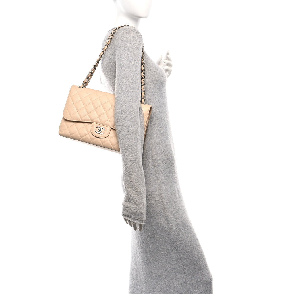 Chanel Caviar Quilted Jumbo Double Flap Beige