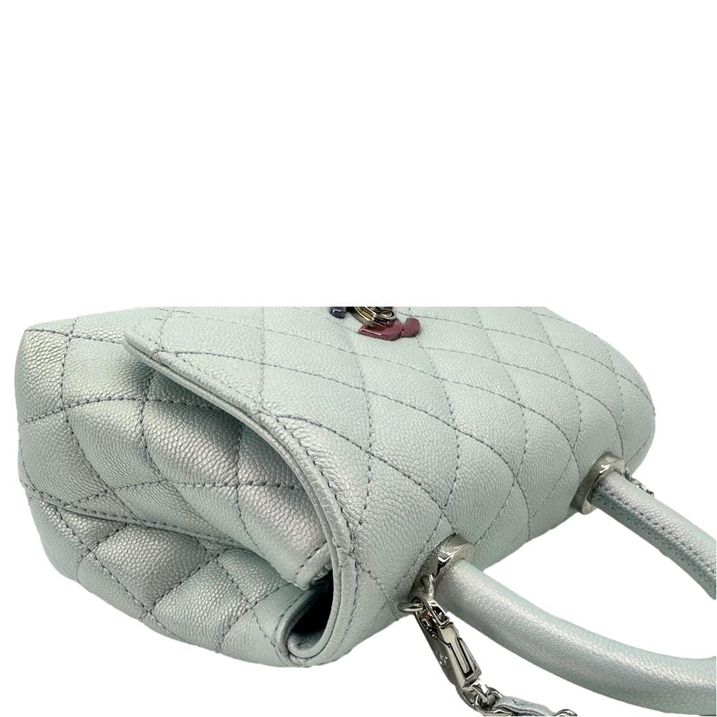 CHANEL Coco Extra Mini Top Handle Iridescent Caviar Leather Crossbody Bag Light Blue