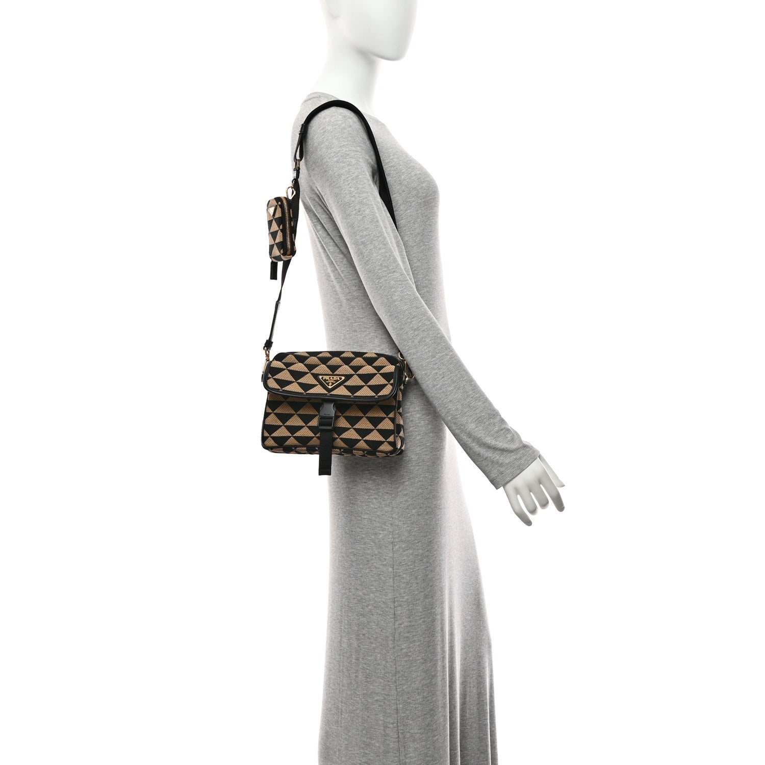Prada Jacquard Saffiano Triangolo Symbole Embroidered Pocket Single Snap Buckle Messenger Flap Bag  Black Corda