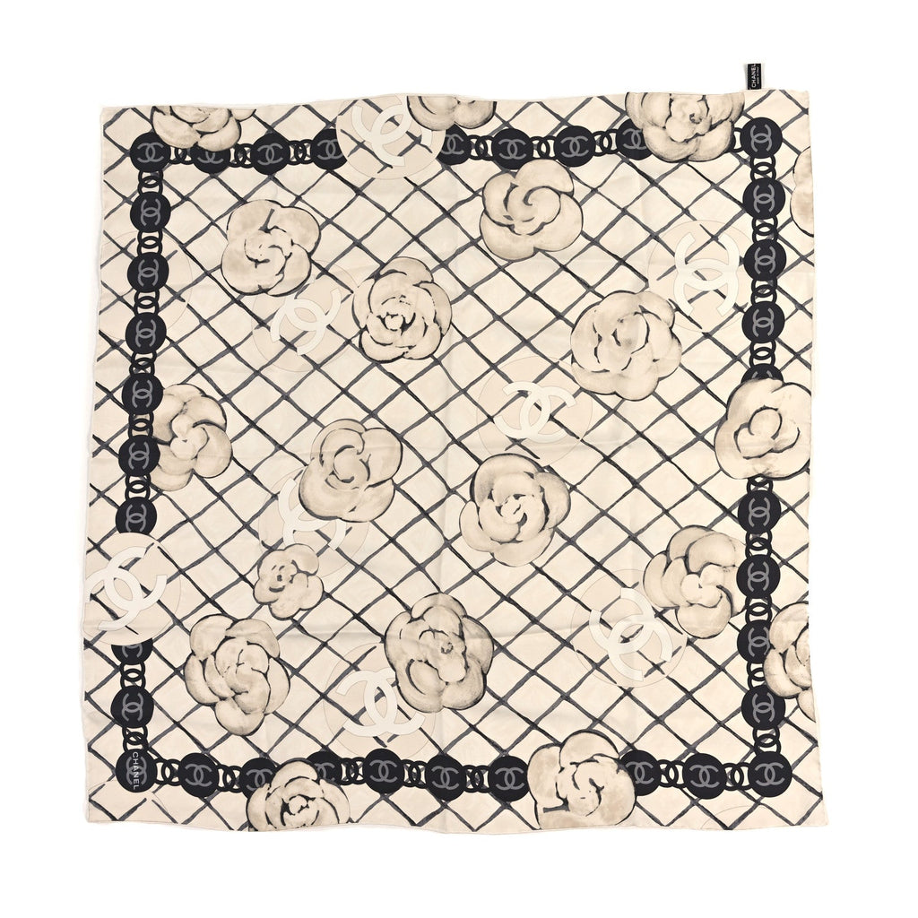 Chanel Silk Camellia CC Square Scarf Ivory