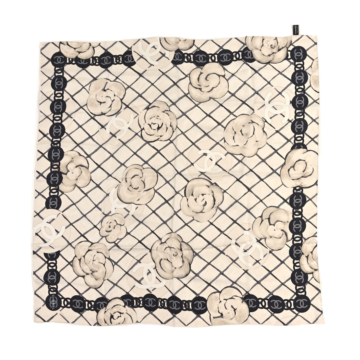 Chanel Silk Camellia CC Square Scarf Ivory