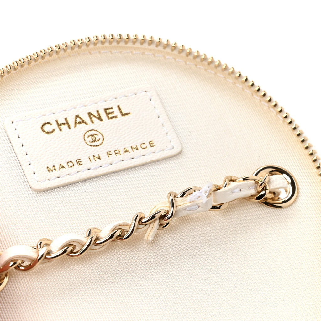 Chanel Lambskin Quilted Round Small Vanity Case With Chain White Black