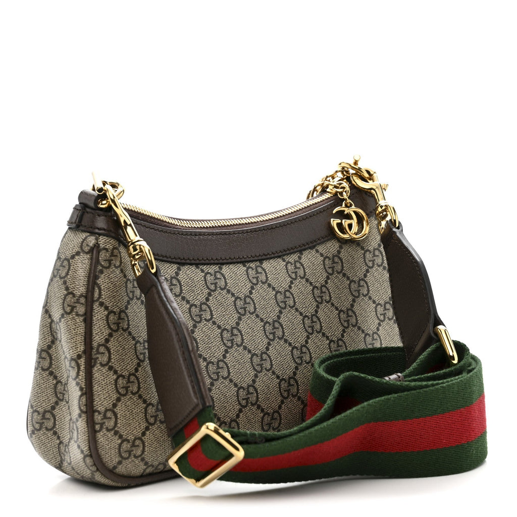 Gucci GG Supreme Monogram Textured Dollar Calfskin Web Small Ophidia GG Handbag Beige Ebony New Acero