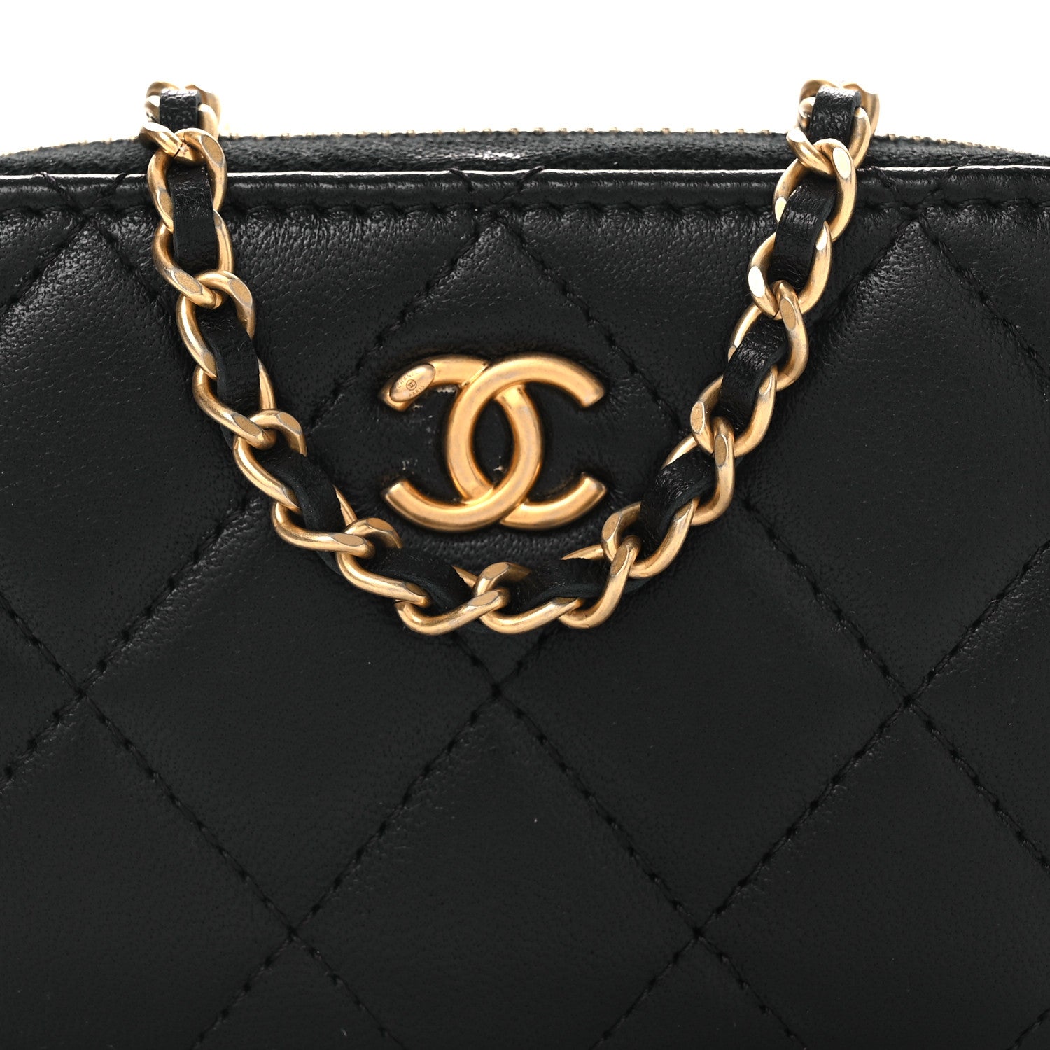 Chanel Lambskin Quilted CC Pearl Crush Zip Card Holder On Chain Black