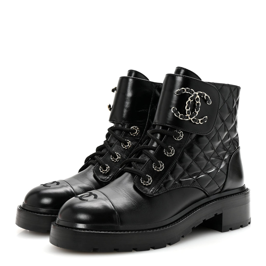 Chanel Shiny Lambskin Quilted Lace Up Combat Boots 39 Black