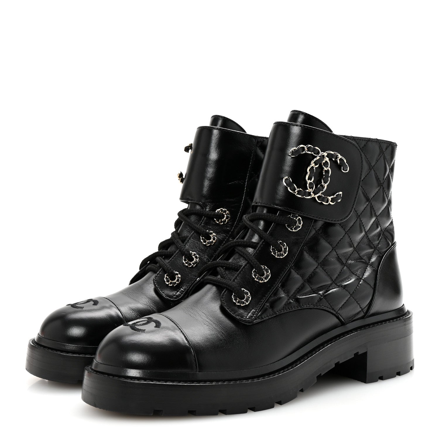 Chanel Shiny Lambskin Quilted Lace Up Combat Boots 39 Black